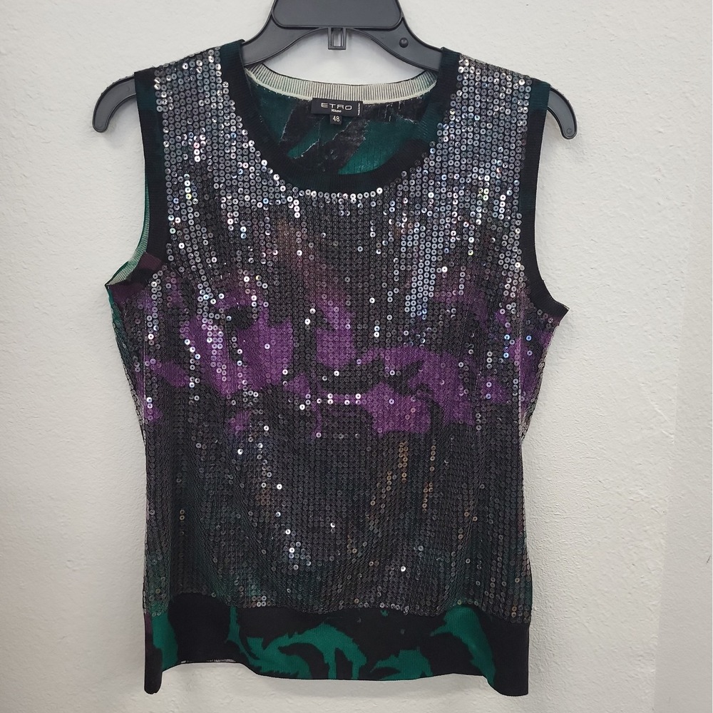 Etro Milano 48 Silk & Cashmere Sequin Sleeveless Top, Multicolor